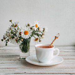 a bouquet of daisies and tea on a white wooden table