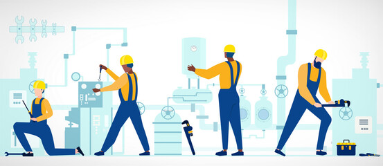 Vector of construction team installing or repairing home heating supply system in the basement