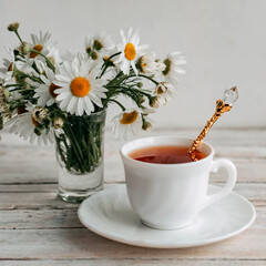 a bouquet of daisies and tea on a white wooden table
