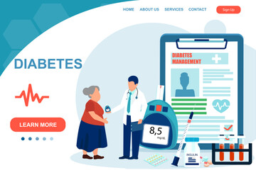 Vector of a doctor giving consultation to a diabetes mellitus type 1 patient on how to keep under control blood glucose level with insulin and pills