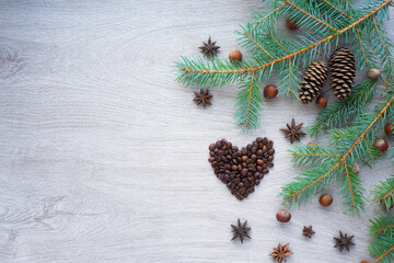 Fototapeta na wymiar Coffee heart and christmas tree