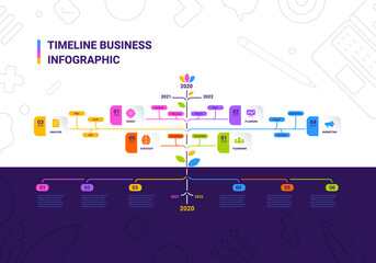 Vector business illustration of tree timeline infographics template on color background with business icon and text.