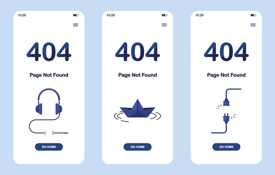 Set 404 error page not found banner. Mobile version. Headphones with a torn, cut wire. Origami paper boat, ship. Disconnected sparkling cable with socket. For website. Web Template. Blue. Eps 10