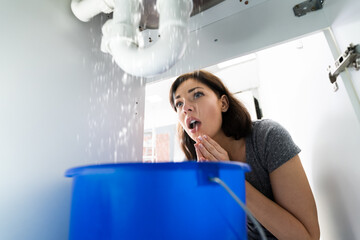 Woman With Emergency Plumbing Sink Leak
