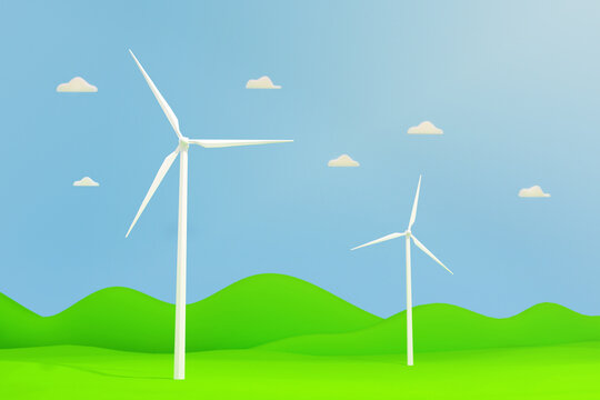 Wind turbine on green field, wind clean power technology innovation, 3d illustration. 