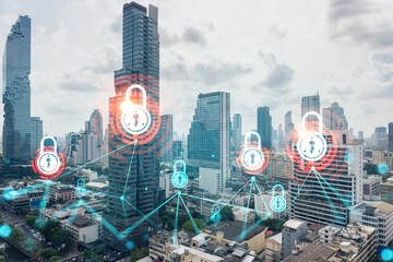 Sunset cityscape of big city view background with lock drawing. Security concept. Double exposure