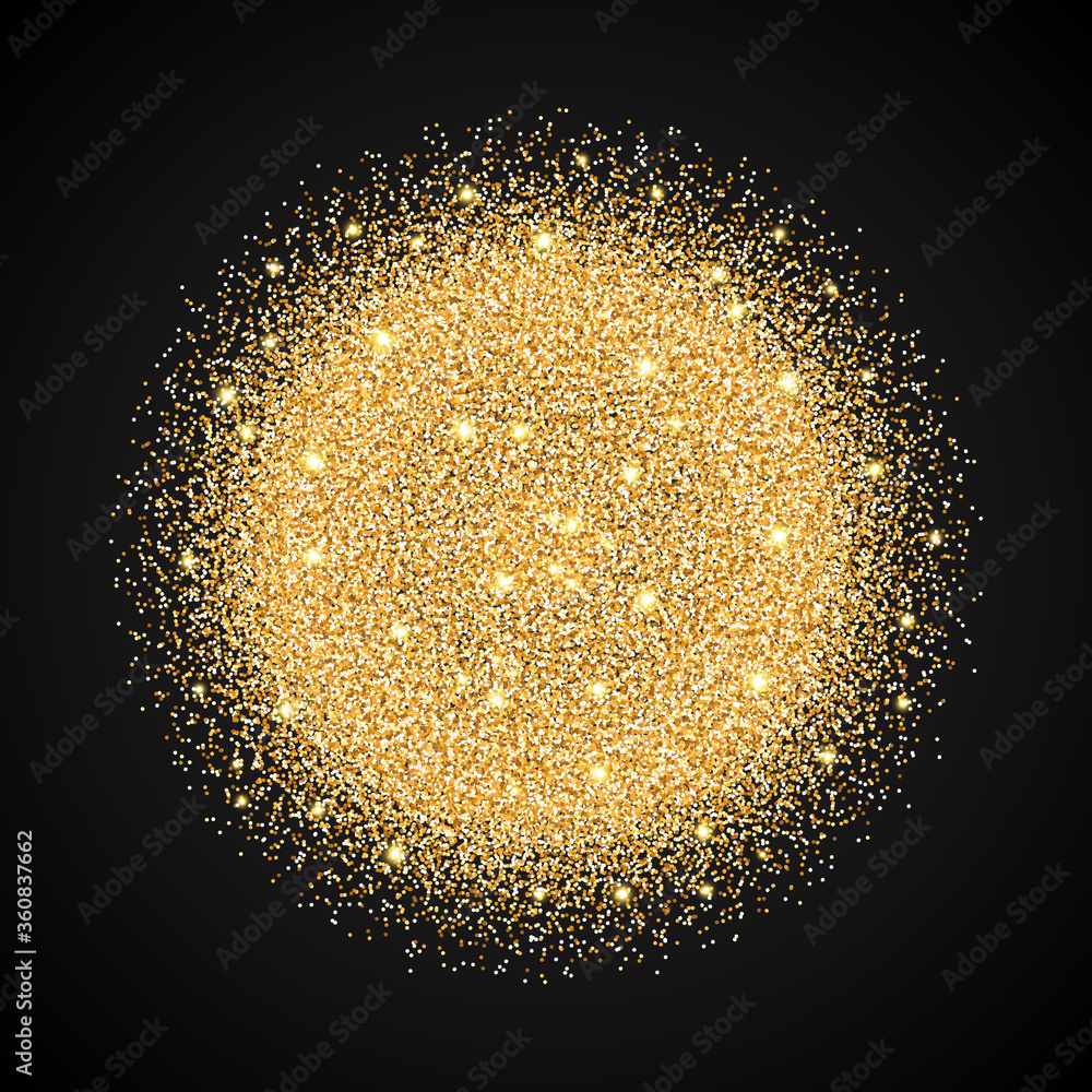 Wall mural Vector template with golden sparkle glitter. Shining gold circle frame on black background