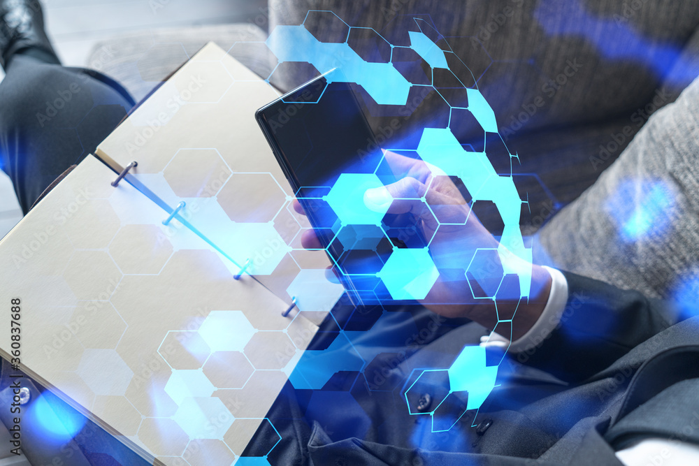 Poster double exposure of man texting on phone on high tech project. technology hologram. concept of resear