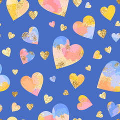 Seamless abstract geometric pattern with gold glitter and pastel watercolor hearts on blue background