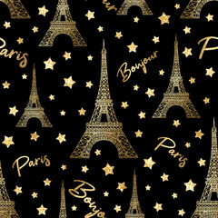 Bonjour Paris seamless pattern with gold glitter stars and Eiffel Tower. France symbol on black background