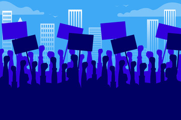 Public protests. Silhouettes of hands with posters on the background of the city, skyscrapers. Vector