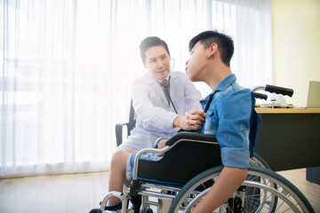 Asian doctor use stethoscope checkup  disability wheel chair patient  person