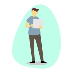 Vector illustration of a man standing holding a laptop.