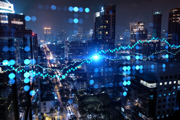 Plakat FOREX graph hologram, aerial night panoramic cityscape of Bangkok, the developed location for stock market researchers in Asia. The concept of fundamental analysis. Double exposure.