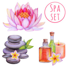 SPA set with stones, frangipani, lotus flower, candle, bottles of organic oils for aromatherapy. Can be used for spa, massage, wellness. Colored pencils illustration isolated on white background.