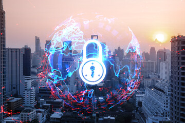 Hologram of Padlock on sunset panoramic cityscape of Bangkok, Asia. The concept of cyber security intelligence. Multi exposure.