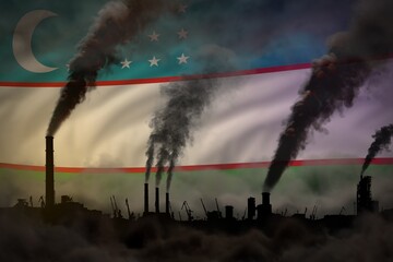 Global warming concept - dense smoke from industry pipes on Uzbekistan flag background with place for your content - industrial 3D illustration
