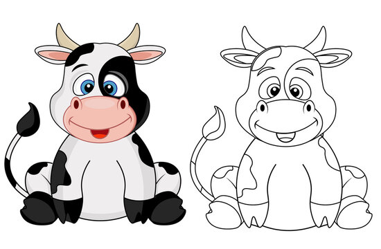 A set of two vector cows for coloring. Vector illustration of a colored and black and white cow.