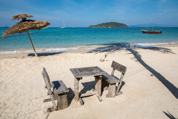 Beach Umbrella and Sunbed, Koh Mak Beach, Koh Mak island, Thailand.