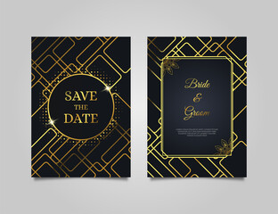 Luxury wedding invitation card design. Wedding invitation set with elegant black background. Cool invitation template with golden geometrical backdrop