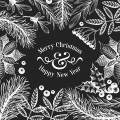 Christmas banner template. Vector hand drawn illustrations on chalk board. Greeting card design in vintage style. Winter background