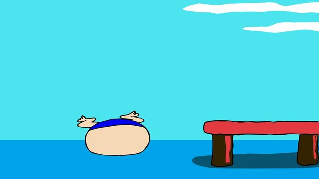 JUMPING TO THE WATER,
Man runs on pier for jumping  to the sea, but the water is not deep enough.Animated cartoon.HD 1080.
