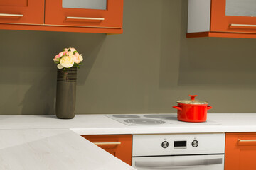 Modern kitchen room interior with furniture and flowers on counter for a concept design - light home background