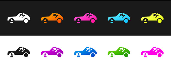 Set Broken car icon isolated on black and white background. Car crush.  Vector Illustration