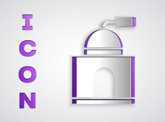 Paper cut Manual coffee grinder icon isolated on grey background. Paper art style. Vector Illustration