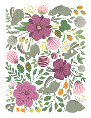Vector ornate background with cute woodland animals, leaves, flowers, insects. Funny forest scene with rabbits. Bright flat vertical illustration for children. Picture book, hide and seek activity
