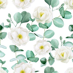 Seamless pattern with watercolor flowers. pattern with white flowers of wild rose and eucalyptus leaves on a white background. watercolor hand drawing, background for fabric, wallpaper, textile