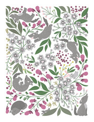 Vector ornate background with cute woodland animals, leaves, flowers, insects. Funny forest scene with wolves. Bright flat vertical illustration for children. Picture book, hide and seek activity game