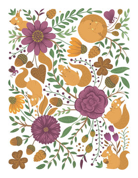 Vector ornate background with cute woodland animals, leaves, flowers, insects. Funny forest scene with squirrels. Bright flat vertical illustration for children. Picture book, hide and seek activity