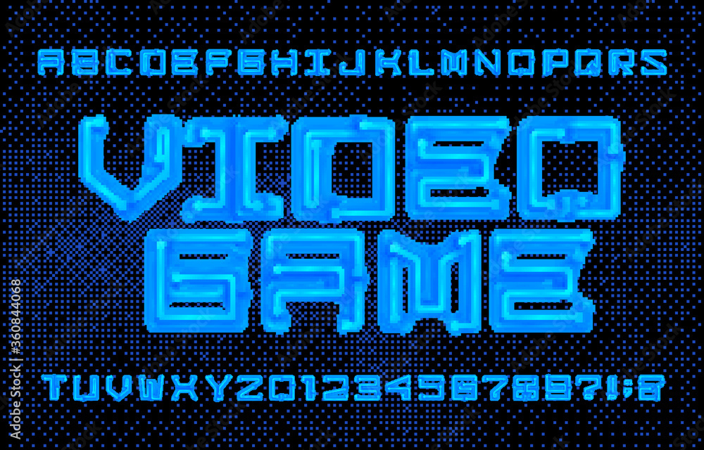 Fototapete video game alphabet font. futuristic computer letters and numbers. pixel background. 80s arcade vide