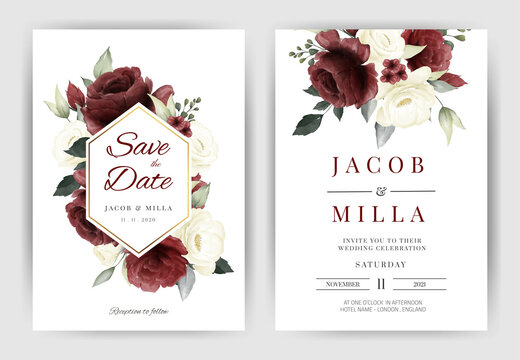 Wedding invitation card template set with bouquet white and red rose flower watercolor vector gold frame