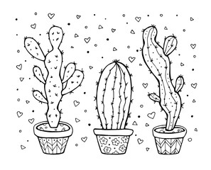 Succulent and cactus in ceramic flowerpot. Houseplant isolated. Coloring book page. Hand drawn artwork. Black and white