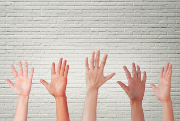 Group of raised up colorful hands different skin color tone of many people, Teamwork, Diversity people concept, Cultural and Ethnic diversity concept.