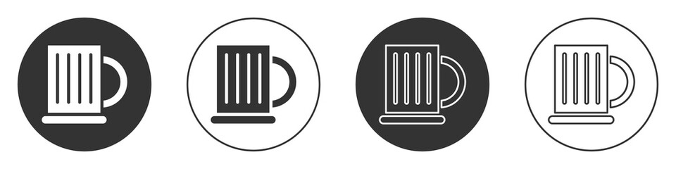 Black Wooden beer mug icon isolated on white background. Circle button. Vector Illustration