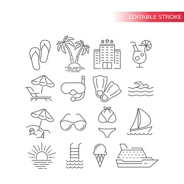 Summer travel, vacation or holiday vector icon set. Beach, hotel, palm tree, swimsuit summer tourism icons, outline, editable stroke.