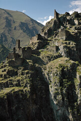 Ruined abandoned medieval village and fortress Muzo. Khevsureti Region, Georgia, Caucasus.