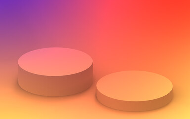 3d yellow orange and purple neon light cylinder podium minimal studio gradient colors background. Abstract 3d geometric shape object illustration render. Display for summer holiday product.