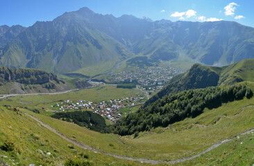 View at Gergeti village and Stepantsminda village. Georgia, Caucasus.