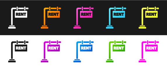 Set Hanging sign with text Rent icon isolated on black and white background. Signboard with text For Rent.  Vector Illustration