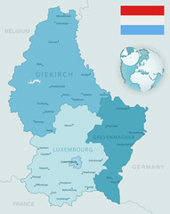 Fototapeta premium Blue-green detailed map of Luxembourg administrative divisions with country flag and location on the globe.