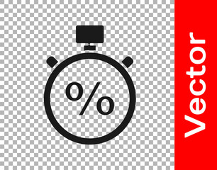 Black Stopwatch and percent icon isolated on transparent background. Time timer sign.  Vector Illustration