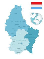 Luxembourg administrative blue-green map with country flag and location on a globe.