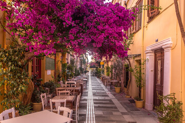 Nauplie - Grèce. (juin 2020). Une scène de rue typique de la vieille ville avec des bougainvilliers vifs, des boutiques, des restaurants et des rues pavées.