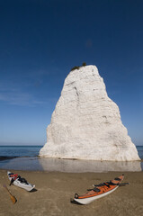 Fototapeta na wymiar The famous rock tooth Pizzomuno on the sandy beach of Vieste in Gargano in Italy