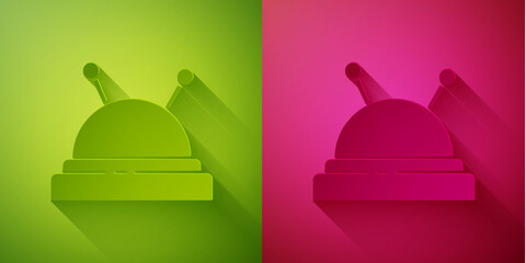 Paper cut Needle bed and needles icon isolated on green and pink background. Handmade and sewing theme. Paper art style. Vector Illustration