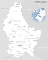 Fototapeta na wymiar Blue-gray detailed map of Luxembourg administrative divisions and location on the globe.